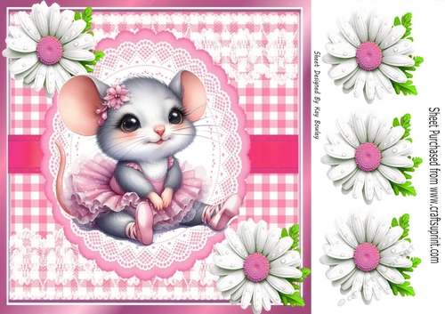 Cute Mouse With Ballet Dress In Pink With Daisies 8x8 (Three)