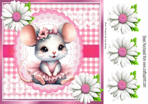 Cute Mouse With Ballet Dress In Pink With Daisies 8x8 (Four)