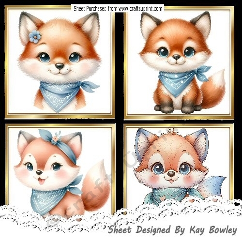 4 Cute Foxes In Gold 8X8 Frames Toppers