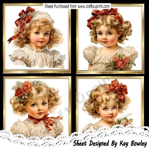 4 Pretty Vintage Girl Toppers In Gold 8X8 Frames Mini Kit ( Set Two)
