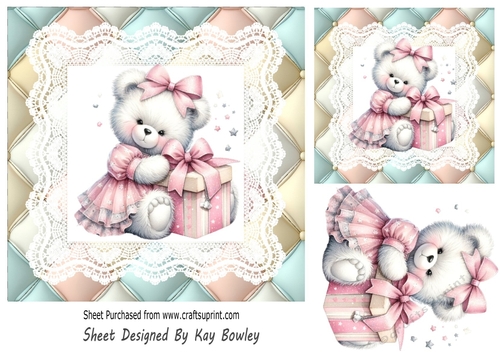 Cute Teddy In Pink With Gift Quilted Wih Lace 7X7 Frame (One)