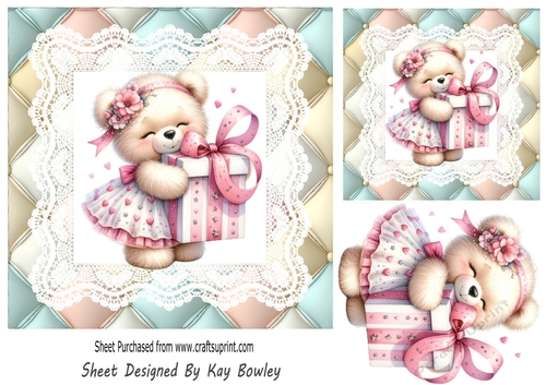 Cute Teddy In Pink With Gift Quilted With Lace 7X7 Frame (Two)