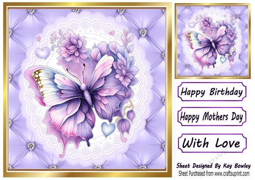 Pretty Quilt Diamond Frame With Purple Butterfly 8x8 (One)