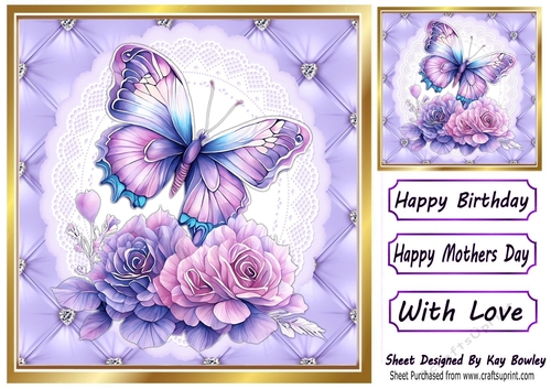 Pretty Quilt Diamond Frame With Purple Butterfly 8x8 (Two)