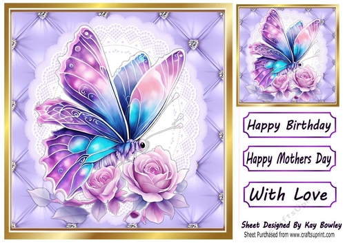 Pretty Quilt Diamond Frame With Purple Butterfly 8x8 (Three)