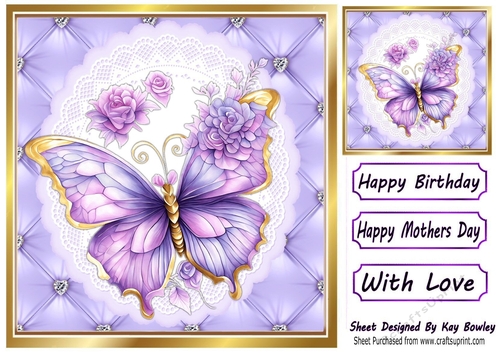 Pretty Quilt Diamond Frame With Purple Butterfly 8x8 (Four)