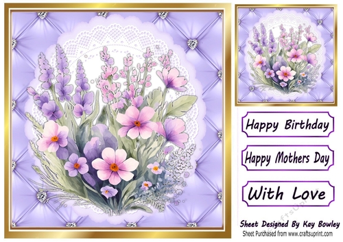  Quilt Diamond Frame With Purple/Coloured Spring Flowers 8x8 (One)