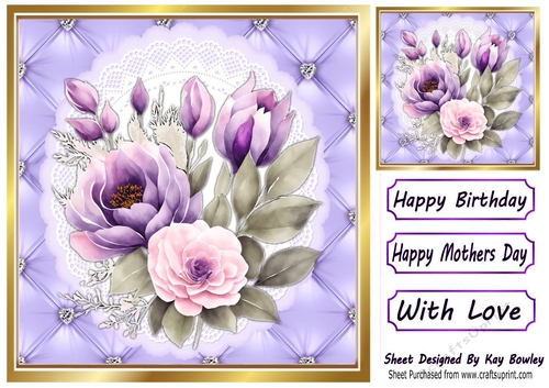 Quilt Diamond Frame With Purple/Coloured Spring Flowers 8x8 (Two)