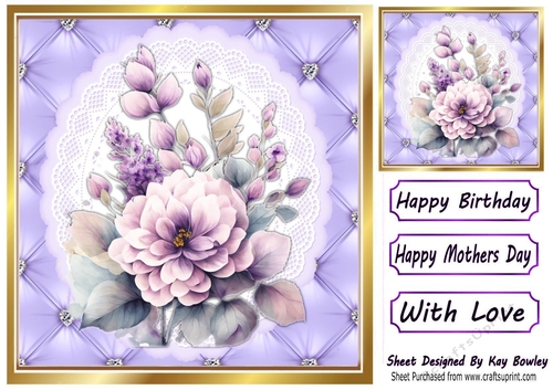 Quilt Diamond Frame With Purple/Coloured Spring Flowers 8x8 (Three)