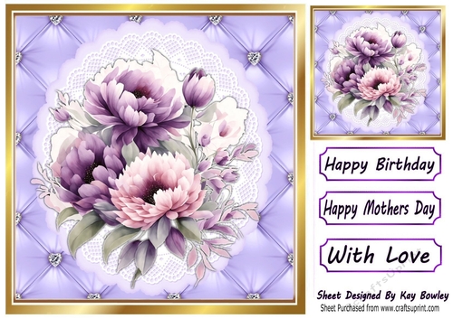 Quilt Diamond Frame With Purple/Coloured Spring Flowers 8x8 (Four)