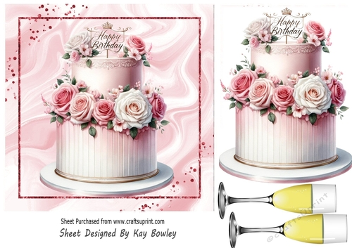 Pretty Pink Birthday Cake With Roses & Wine 7x7 (One)