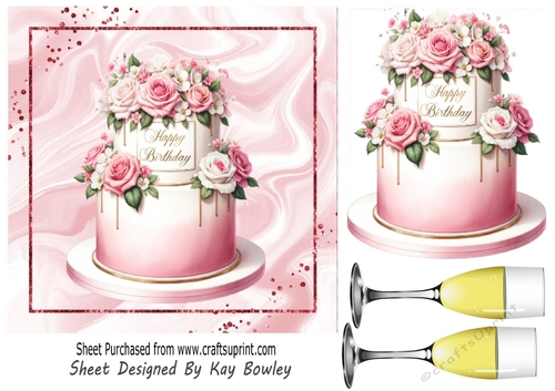 Pretty Pink Birthday Cake With Roses & Wine 7x7 (Two)