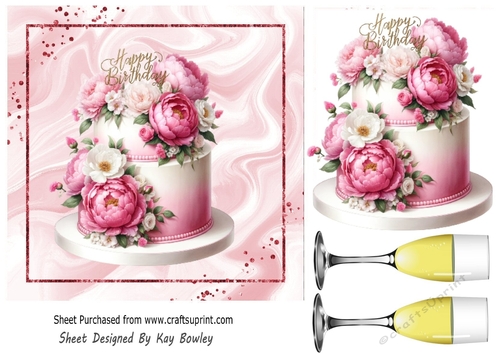Pretty Pink Birthday Cake With Roses & Wine 7x7 (Three)