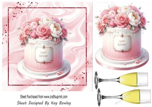 Pretty Pink Birthday Cake With Roses & Wine 7x7 (Four)
