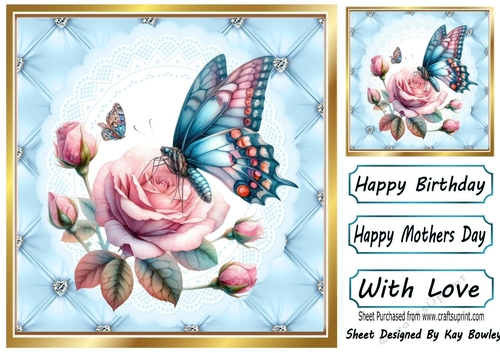Pretty Quilt Diamond Frame With Blue Butterfly 8x8 (One)