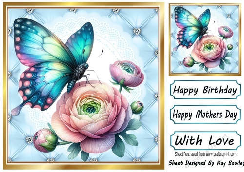 Pretty Quilt Diamond Frame With Blue Butterfly 8x8 (Two)