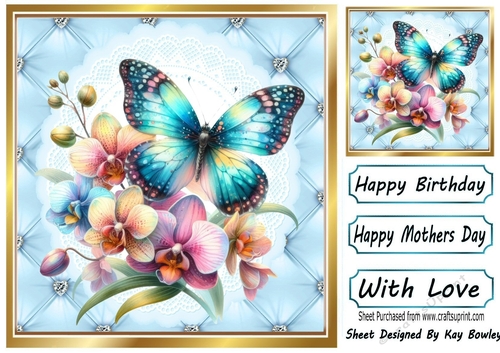 Pretty Quilt Diamond Frame With Blue Butterfly 8x8 (Three)