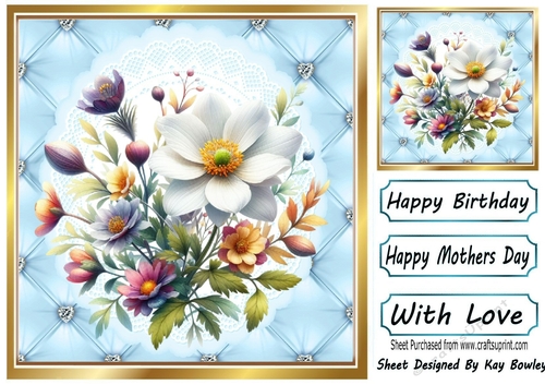 Pretty Blue Quilt Diamond Frame With Magnolias 8x8 (Four)