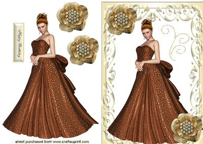 Elegant Lady in Brown Evening Gown in Cream Ornate Frame