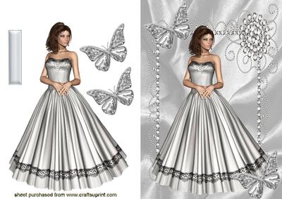 Elegant Lady in Silver Gown with Silver Butterflies