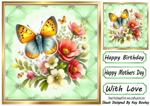 Pretty Quilt Diamond Frame With Green Spring Butterfly 8x8 (One)