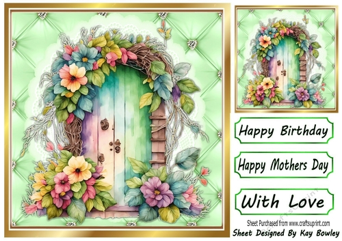 Pretty Quilt Diamond Frame Green With Door & Flowers 8x8 (Two)