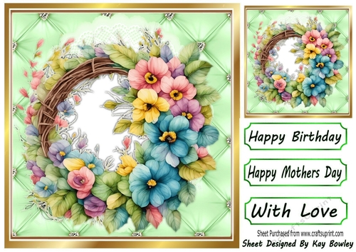 Pretty Quilt Diamond Frame Green Floral Wreath  8x8 (Three)