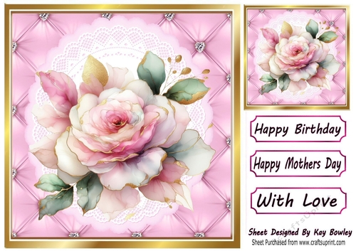 Pretty Quilt Diamond Frame With Pink Roses 8x8 (Three)