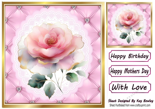Pretty Quilt Diamond Frame Green With Pink Roses  8x8 (Four)
