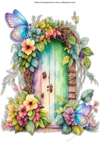 Pretty Door With Flowers And Butterflies A4