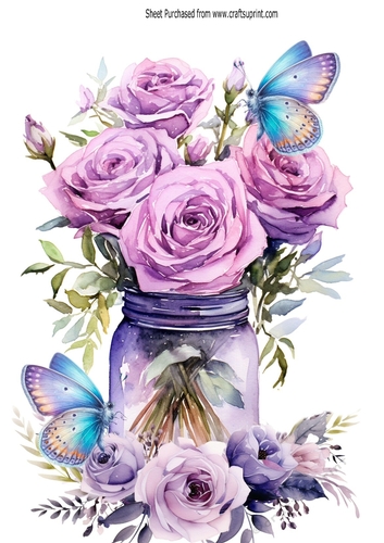 Pretty Purple Roses In A Jar With Butterflies A4