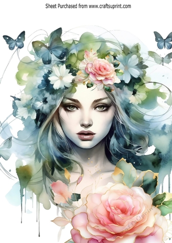 Modern Art Girl  In Blue With Pink Rose & Butterflies A4