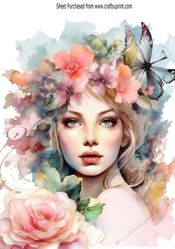Modern Art Girl With Pink Rose & Butterflies Two A4
