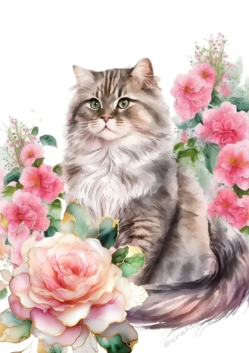 Lovely Cat With Pink Roses A4