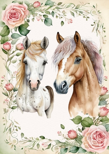 Beautiful Horses With Pink Rose Frame A4 (One)