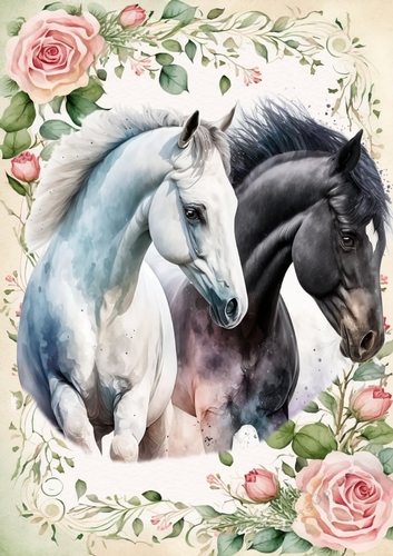 Beautiful Horses With Pink Rose Frame A4 (Two)