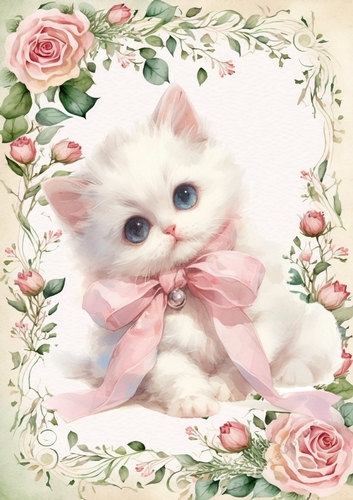 Pretty Little White Kitten In Frame Of Pink Roses A4 (ONE)