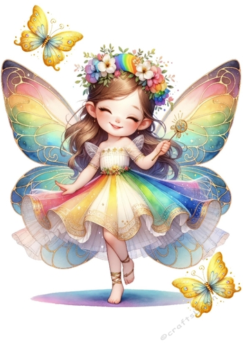 Pretty Rainbow Fairy With Gold Butterflies A4
