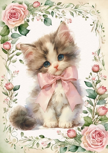 Pretty Little Kitten In Frame Of Pink Roses A4 (Two)