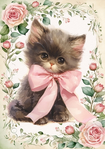 Pretty Little Kitten In Frame Of Pink Roses A4 (Three)