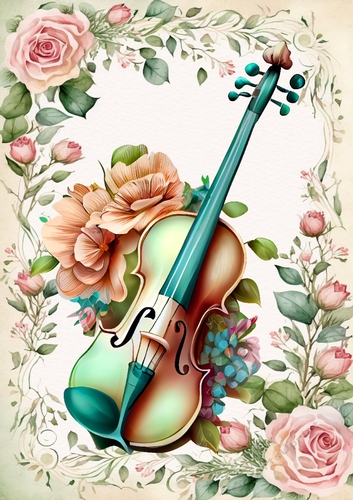 Lovely Violin With Pink Roses A4