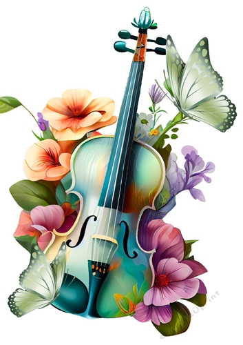 Lovely Violin With Flowers And Green Butterflies A4