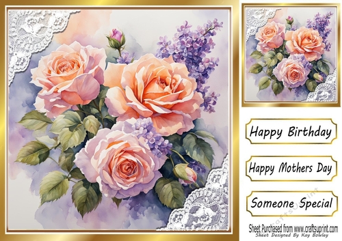 Pretty Flowers In Gold Frame With Lace 8x8 (Three)