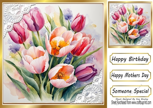 Pretty Flowers In Gold Frame With Lace 8x8 (Four)
