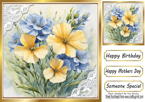 Pretty Flowers In Gold Frame With Lace 8x8 (Six)