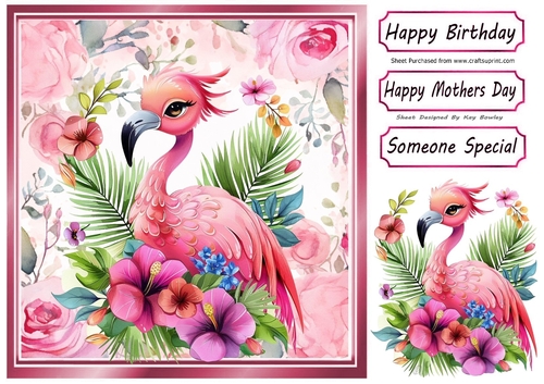 Lovely Pink Flamingos With Flowers 8x8 (One)