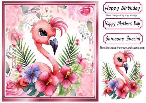 Lovely Pink Flamingos With Flowers 8x8 (Two)