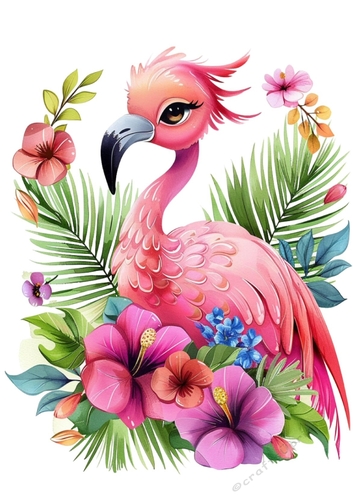 Lovely Pink Flamingo Wih Flowers A4 (One)