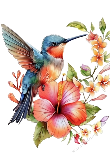Pretty Humming Bird With Flowers A4 (One)