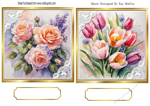 2 Pretty Floral Toppers With Lace Corners  Card Fronts (SET TWO)